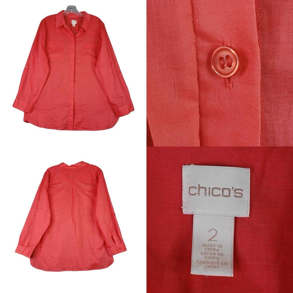 Chicos Shirt Womens Button Up Collared LS‎ Blouse Orange Size 2 US Large Cotton